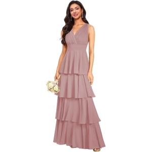imageV Neck Tiered Bridesmaid Dresses Long for Women Ruffles Chiffon Formal Evening DressesMauve