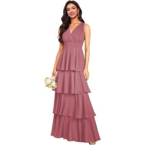 imageV Neck Tiered Bridesmaid Dresses Long for Women Ruffles Chiffon Formal Evening DressesMulberry