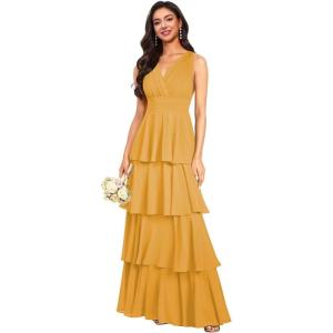 imageV Neck Tiered Bridesmaid Dresses Long for Women Ruffles Chiffon Formal Evening DressesMustard