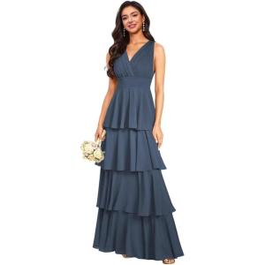 imageV Neck Tiered Bridesmaid Dresses Long for Women Ruffles Chiffon Formal Evening DressesNavy Blue
