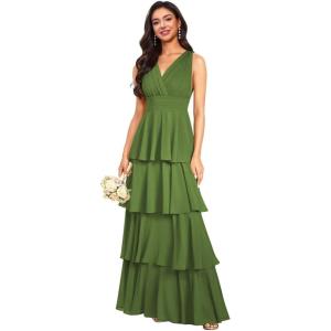 imageV Neck Tiered Bridesmaid Dresses Long for Women Ruffles Chiffon Formal Evening DressesOlive