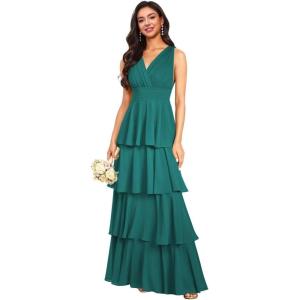 imageV Neck Tiered Bridesmaid Dresses Long for Women Ruffles Chiffon Formal Evening DressesPeacock