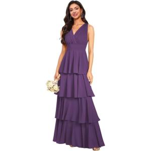 imageV Neck Tiered Bridesmaid Dresses Long for Women Ruffles Chiffon Formal Evening DressesPlum