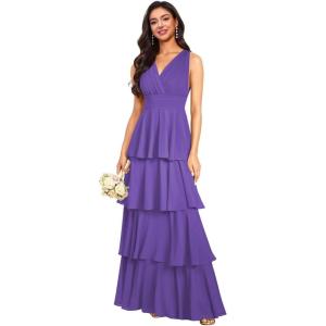 imageV Neck Tiered Bridesmaid Dresses Long for Women Ruffles Chiffon Formal Evening DressesPurple