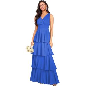 imageV Neck Tiered Bridesmaid Dresses Long for Women Ruffles Chiffon Formal Evening DressesRoyal Blue