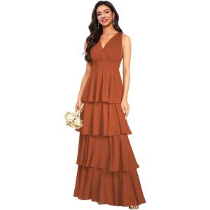 imageV Neck Tiered Bridesmaid Dresses Long for Women Ruffles Chiffon Formal Evening DressesRust