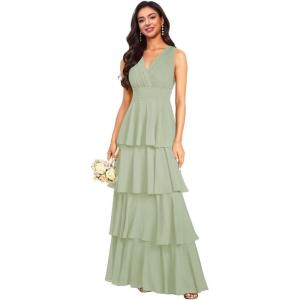 imageV Neck Tiered Bridesmaid Dresses Long for Women Ruffles Chiffon Formal Evening DressesSage