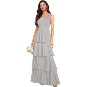 imageV Neck Tiered Bridesmaid Dresses Long for Women Ruffles Chiffon Formal Evening DressesSilver