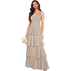 imageV Neck Tiered Bridesmaid Dresses Long for Women Ruffles Chiffon Formal Evening DressesTaupe