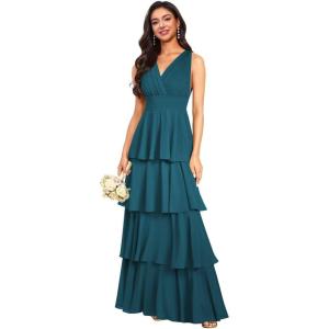 imageV Neck Tiered Bridesmaid Dresses Long for Women Ruffles Chiffon Formal Evening DressesTeal