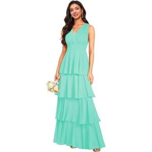 imageV Neck Tiered Bridesmaid Dresses Long for Women Ruffles Chiffon Formal Evening DressesTurquoise