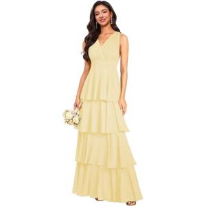imageV Neck Tiered Bridesmaid Dresses Long for Women Ruffles Chiffon Formal Evening DressesYellow