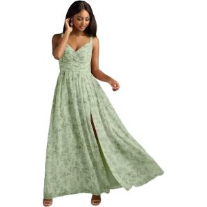 imageWomens Chiffon Bridesmaid Dresses Long Spaghetti Straps V Neck Ruched A Line Formal DressFloral Green