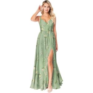 imageWomens Chiffon Bridesmaid Dresses Long Spaghetti Straps V Neck Ruched A Line Formal DressFloral Green2