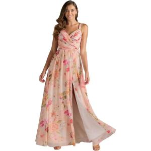 imageWomens Chiffon Bridesmaid Dresses Long Spaghetti Straps V Neck Ruched A Line Formal DressFloral Orange