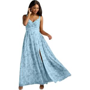 imageWomens Chiffon Bridesmaid Dresses Long Spaghetti Straps V Neck Ruched A Line Formal DressFloral Steel Blue