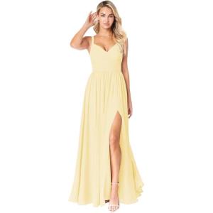 imageWomens Chiffon Bridesmaid Dresses Long Spaghetti Straps V Neck Ruched A Line Formal DressYellow