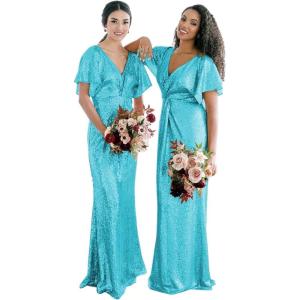 imageWomens V Neck Sequin Bridesmaid Dresses Long Sparkly Prom Dresses 2024 Mermaid Wrap Formal Evening GownsAqua