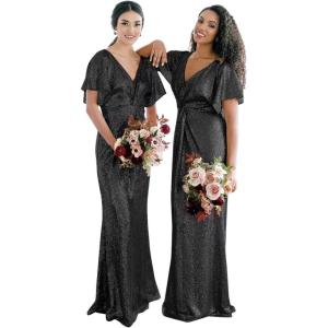 imageWomens V Neck Sequin Bridesmaid Dresses Long Sparkly Prom Dresses 2024 Mermaid Wrap Formal Evening GownsBlack