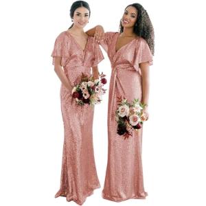 imageWomens V Neck Sequin Bridesmaid Dresses Long Sparkly Prom Dresses 2024 Mermaid Wrap Formal Evening GownsBlush Pink