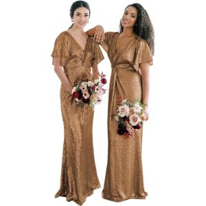 imageWomens V Neck Sequin Bridesmaid Dresses Long Sparkly Prom Dresses 2024 Mermaid Wrap Formal Evening GownsBrown