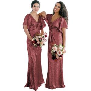imageWomens V Neck Sequin Bridesmaid Dresses Long Sparkly Prom Dresses 2024 Mermaid Wrap Formal Evening GownsBurgundy