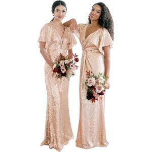imageWomens V Neck Sequin Bridesmaid Dresses Long Sparkly Prom Dresses 2024 Mermaid Wrap Formal Evening GownsChampagne Gold