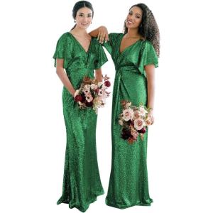 imageWomens V Neck Sequin Bridesmaid Dresses Long Sparkly Prom Dresses 2024 Mermaid Wrap Formal Evening GownsEmerald Green
