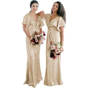 imageWomens V Neck Sequin Bridesmaid Dresses Long Sparkly Prom Dresses 2024 Mermaid Wrap Formal Evening GownsGold