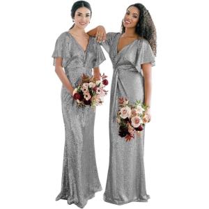 imageWomens V Neck Sequin Bridesmaid Dresses Long Sparkly Prom Dresses 2024 Mermaid Wrap Formal Evening GownsGrey