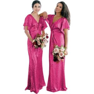 imageWomens V Neck Sequin Bridesmaid Dresses Long Sparkly Prom Dresses 2024 Mermaid Wrap Formal Evening GownsHot Pink