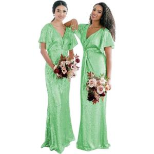imageWomens V Neck Sequin Bridesmaid Dresses Long Sparkly Prom Dresses 2024 Mermaid Wrap Formal Evening GownsMint Green