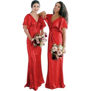 imageWomens V Neck Sequin Bridesmaid Dresses Long Sparkly Prom Dresses 2024 Mermaid Wrap Formal Evening GownsRed