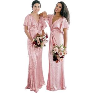 imageWomens V Neck Sequin Bridesmaid Dresses Long Sparkly Prom Dresses 2024 Mermaid Wrap Formal Evening GownsRose Gold