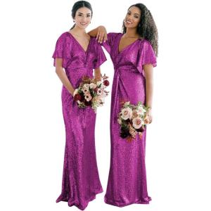 imageWomens V Neck Sequin Bridesmaid Dresses Long Sparkly Prom Dresses 2024 Mermaid Wrap Formal Evening GownsRoyal Purple