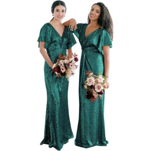 imageWomens V Neck Sequin Bridesmaid Dresses Long Sparkly Prom Dresses 2024 Mermaid Wrap Formal Evening GownsTeal