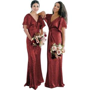 imageWomens V Neck Sequin Bridesmaid Dresses Long Sparkly Prom Dresses 2024 Mermaid Wrap Formal Evening GownsWine Red