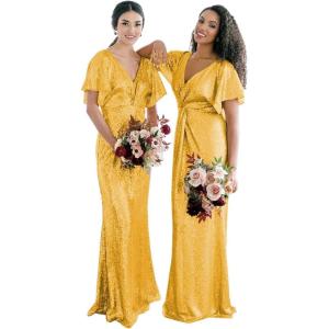 imageWomens V Neck Sequin Bridesmaid Dresses Long Sparkly Prom Dresses 2024 Mermaid Wrap Formal Evening GownsYellow