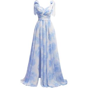 imagehomdor Chiffon Bridesmaid Dresses Long 2025 Foral Printed Prom Dresses Spaghetti Straps Pleated Formal Maxi Dress with SlitBlue