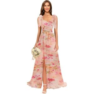 imagehomdor Chiffon Bridesmaid Dresses Long 2025 Foral Printed Prom Dresses Spaghetti Straps Pleated Formal Maxi Dress with SlitFloral Coral