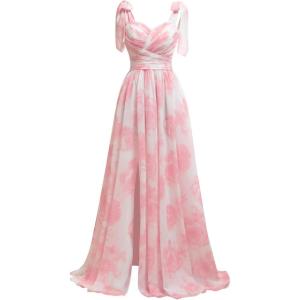 imagehomdor Chiffon Bridesmaid Dresses Long 2025 Foral Printed Prom Dresses Spaghetti Straps Pleated Formal Maxi Dress with SlitPink