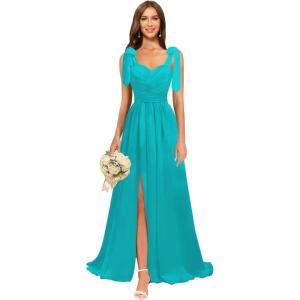 imagehomdor Chiffon Bridesmaid Dresses Long 2025 Foral Printed Prom Dresses Spaghetti Straps Pleated Formal Maxi Dress with SlitPure Aqua