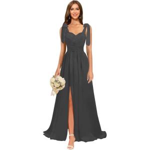 imagehomdor Chiffon Bridesmaid Dresses Long 2025 Foral Printed Prom Dresses Spaghetti Straps Pleated Formal Maxi Dress with SlitPure Black