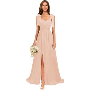 imagehomdor Chiffon Bridesmaid Dresses Long 2025 Foral Printed Prom Dresses Spaghetti Straps Pleated Formal Maxi Dress with SlitPure Blush