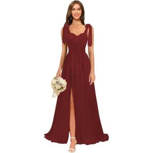 imagehomdor Chiffon Bridesmaid Dresses Long 2025 Foral Printed Prom Dresses Spaghetti Straps Pleated Formal Maxi Dress with SlitPure Burgundy