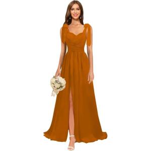 imagehomdor Chiffon Bridesmaid Dresses Long 2025 Foral Printed Prom Dresses Spaghetti Straps Pleated Formal Maxi Dress with SlitPure Burnt Orange