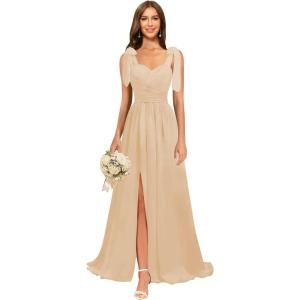 imagehomdor Chiffon Bridesmaid Dresses Long 2025 Foral Printed Prom Dresses Spaghetti Straps Pleated Formal Maxi Dress with SlitPure Champagne