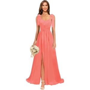 imagehomdor Chiffon Bridesmaid Dresses Long 2025 Foral Printed Prom Dresses Spaghetti Straps Pleated Formal Maxi Dress with SlitPure Coral