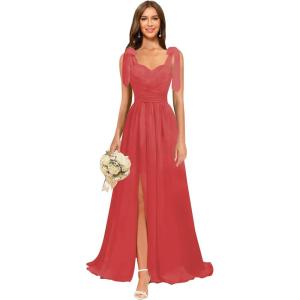 imagehomdor Chiffon Bridesmaid Dresses Long 2025 Foral Printed Prom Dresses Spaghetti Straps Pleated Formal Maxi Dress with SlitPure Desert Rose