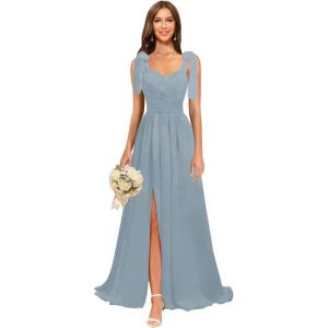 imagehomdor Chiffon Bridesmaid Dresses Long 2025 Foral Printed Prom Dresses Spaghetti Straps Pleated Formal Maxi Dress with SlitPure Dusty Blue